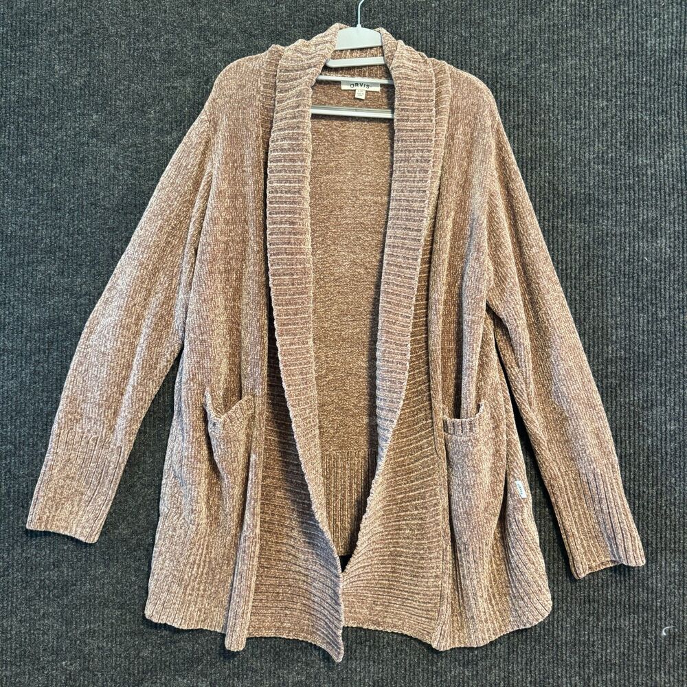 Orvis Chenille Open Front Cardigan Brown Pockets Size L